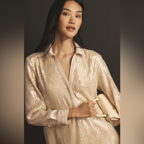 Anthropologie’s Pilcro Longsleeve Sequin Mini Shirt Dress in Ivory - New! - Picture 4 of 8